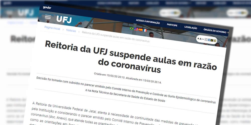 Reitoria da UFJ suspende aulas em razão do coronavírus