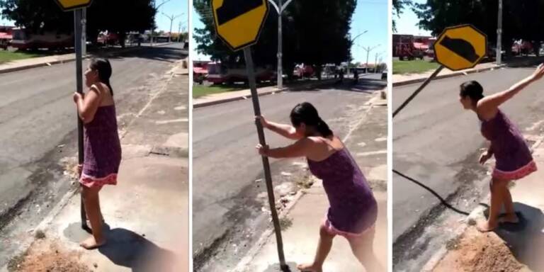 Mulher é presa suspeita de arrancar placa de sinalização instalada na calçada da casa dela, em Caiapônia; vídeo