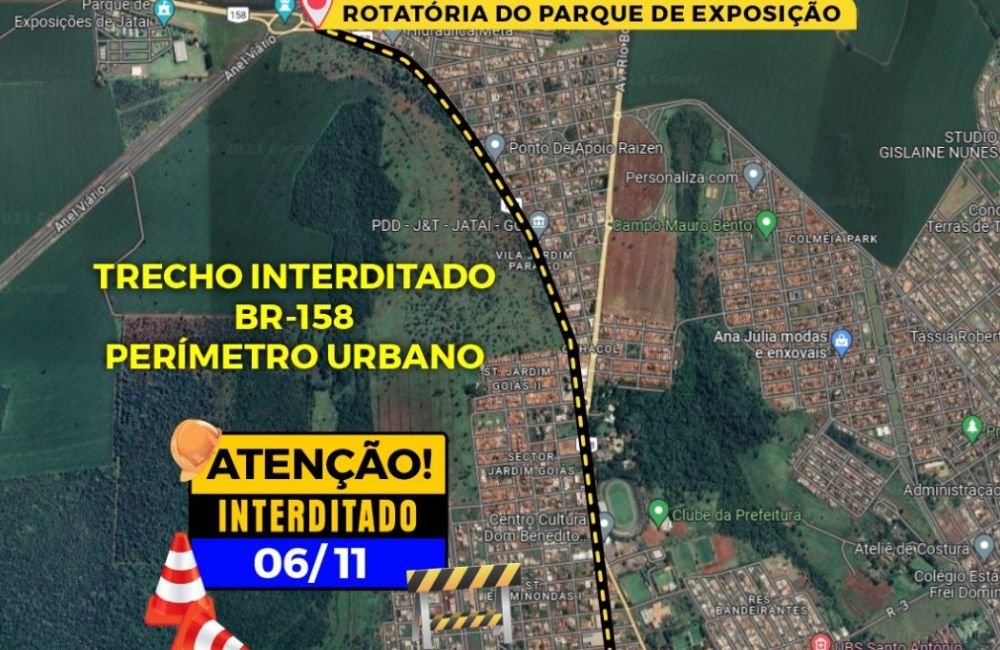 Interdição do Perímetro Urbano da BR-158 nesta segunda-feira (06) para aplicação de CBUQ, confira o trecho