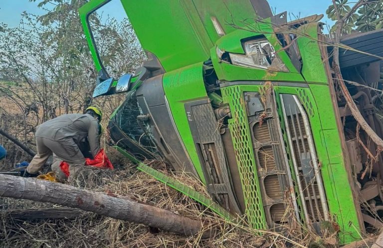 Bombeiros resgatam vítima de capotamento de caminhão na GO-164, em São Miguel do Araguaia