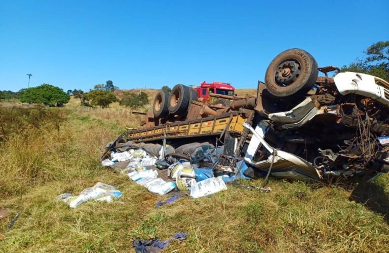 Caminhão capota após perder freio na GO-194, em Portelândia