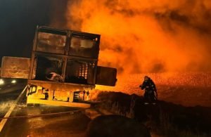 Incêndio em caminhão com carga viva mobiliza bombeiros na BR-060, entre Rio Verde e Jataí