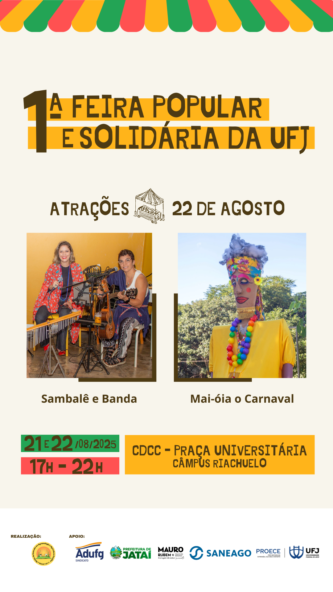 Feira Solidária da UFJ em Jataí reúne feirantes e atrações culturais nos dias 21 e 22 de agosto no Câmpus Riachuelo.