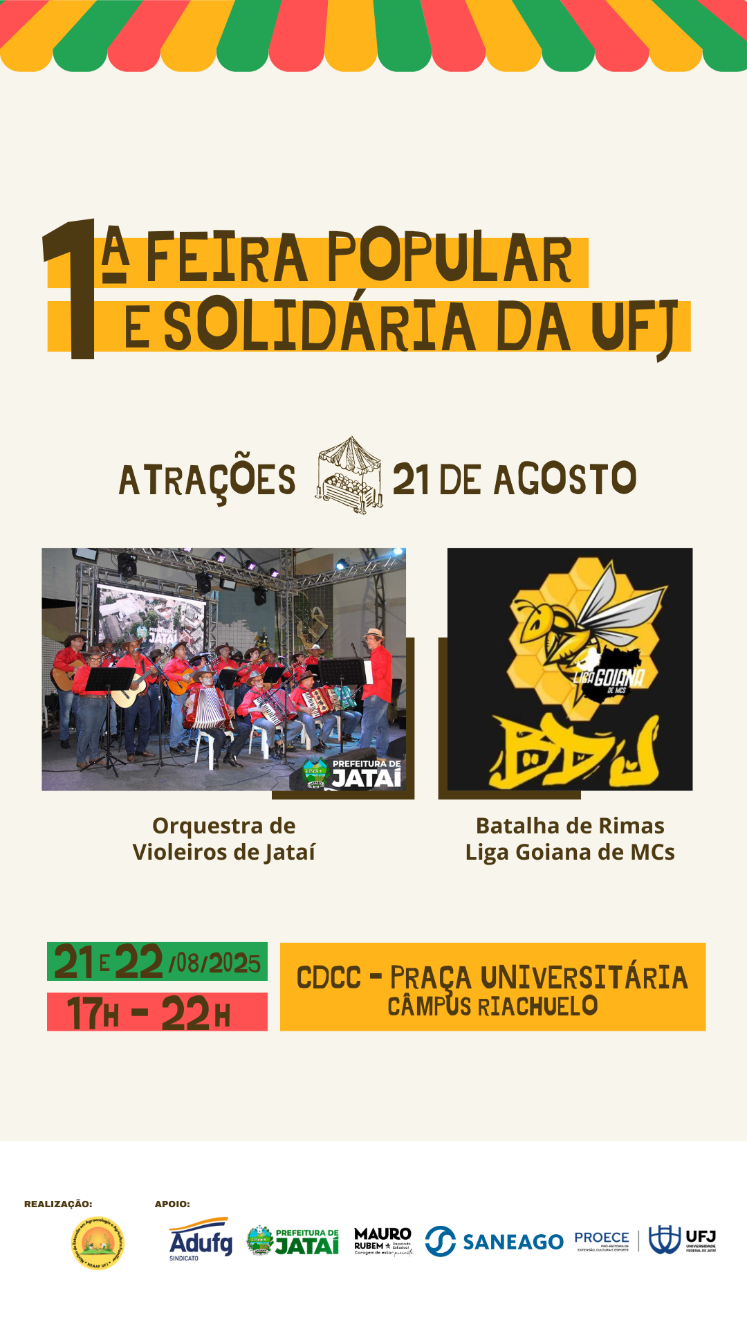 Feira Solidária da UFJ em Jataí reúne feirantes e atrações culturais nos dias 21 e 22 de agosto no Câmpus Riachuelo.