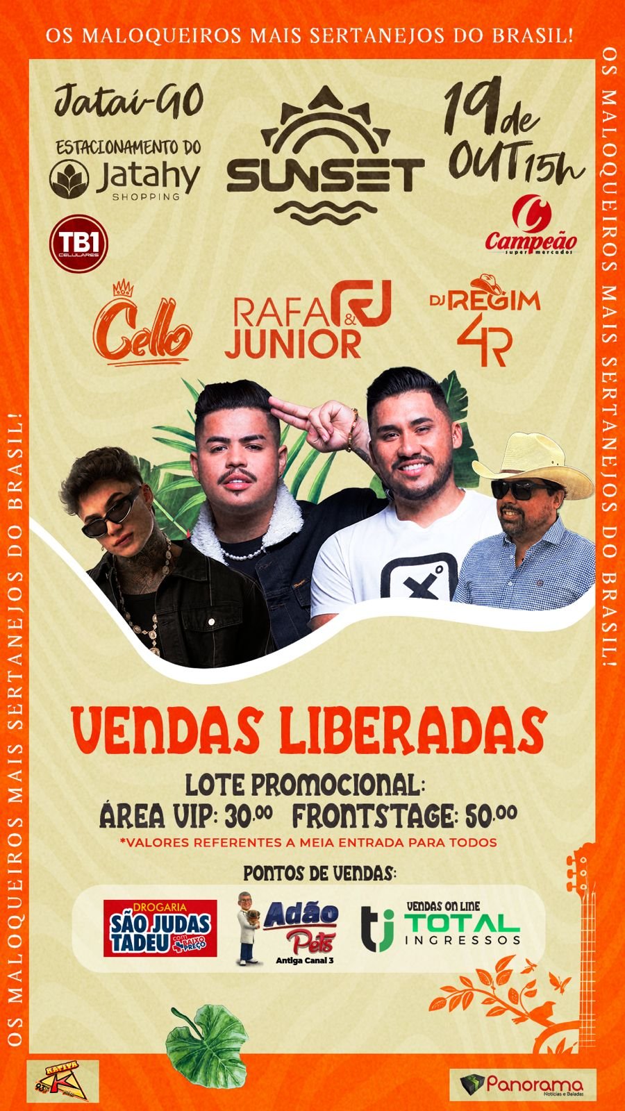 Sunset em Jataí reúne Cello, Rafa & Júnior e DJ Regim 4R no estacionamento do Jatahy Shopping em 19 de outubro de 2025.