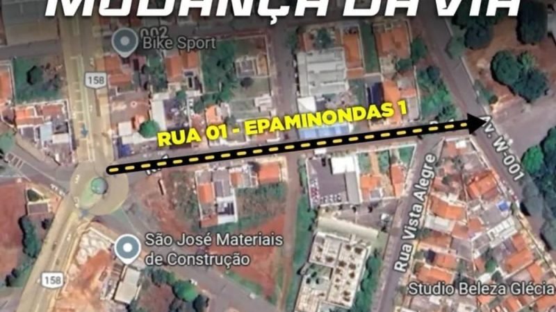 Rua 01 no Setor Epaminondas I terá novo sentido de circulação a partir de 8 de dezembro