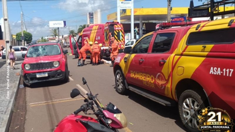 Acidente entre carro e moto deixa motociclista ferido em rotatória de Jataí