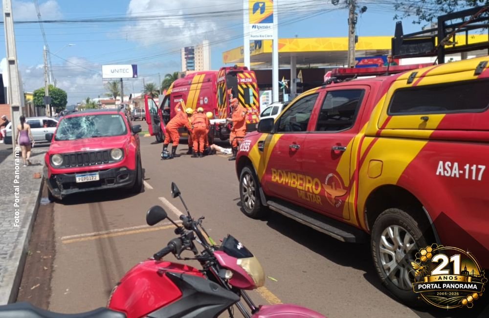 Acidente entre carro e moto deixa motociclista ferido em rotatória de Jataí