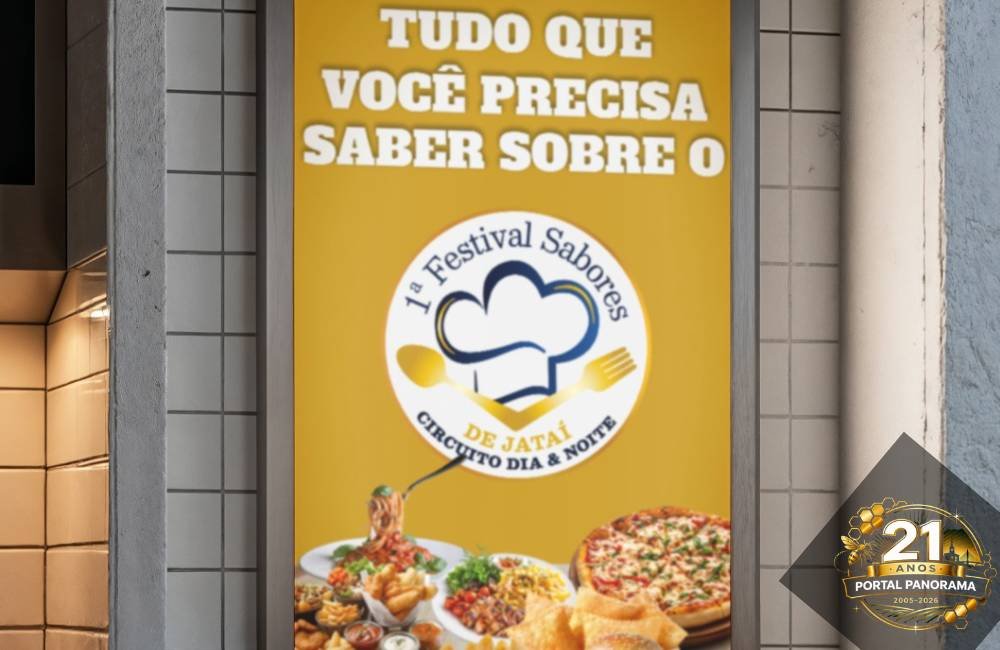 Cartaz do 1º Festival Sabores de Jataí com pratos variados e informações do evento