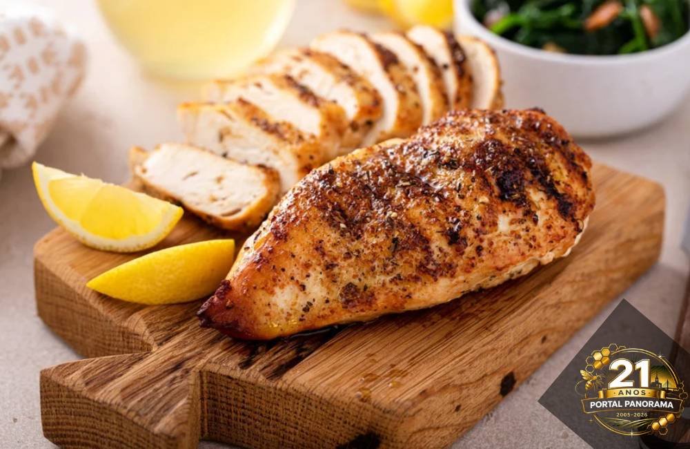 Frango sendo frito na frigideira com vinagre para deixar a carne mais macia e suculenta