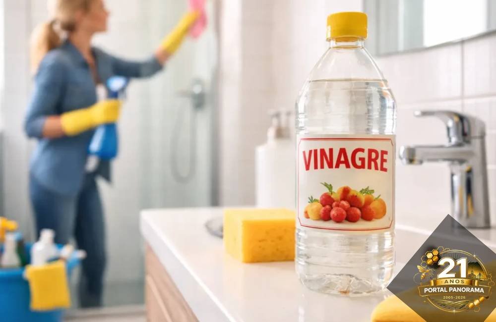 Pessoa limpando box do banheiro com vinagre para remover manchas e deixar o vidro transparente