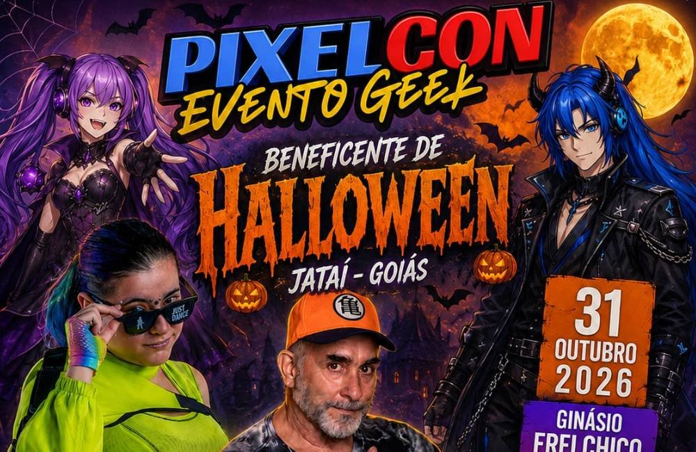Cartaz oficial da PixelCon Halloween 2026 com concurso de cosplay, atrações geek e evento beneficente em Jataí Goiás.