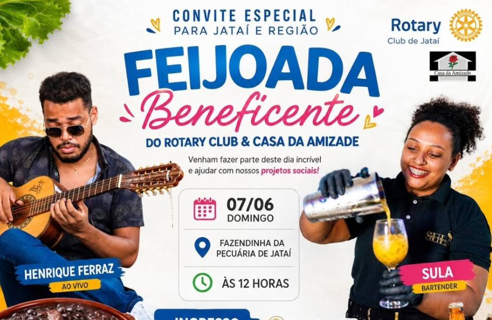 Cartaz da Feijoada Beneficente do Rotary Club e Casa da Amizade de Jataí com show de Henrique Ferraz.