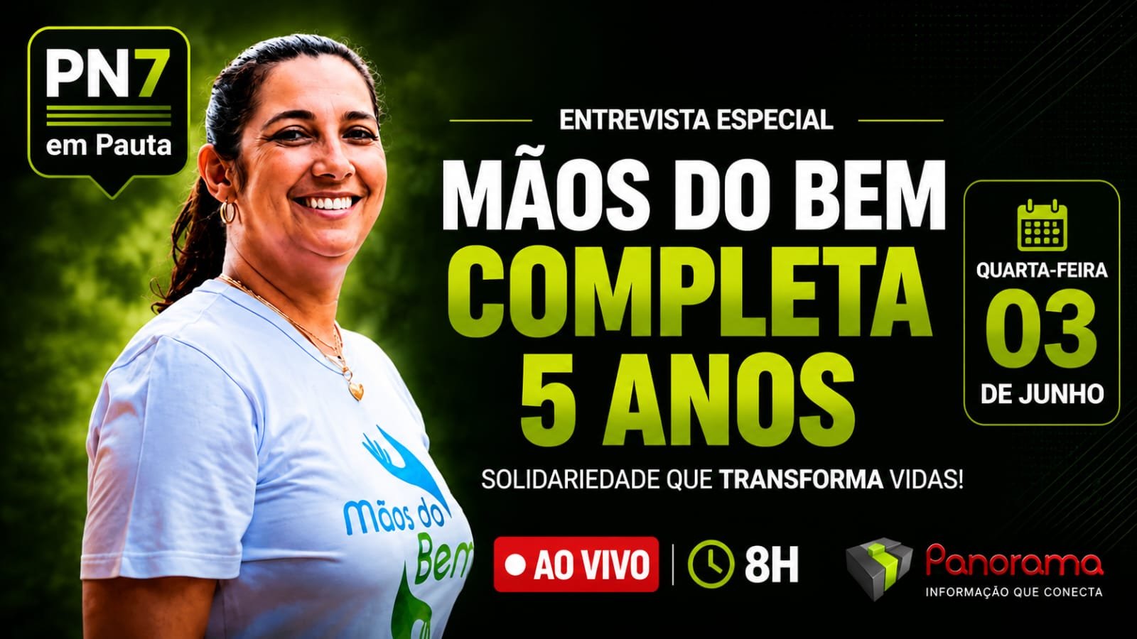 Francislane de Freitas participa do PN7 em Pauta para falar sobre os cinco anos da Associação Mãos do Bem e o trabalho de apoio a pacientes oncológicos.