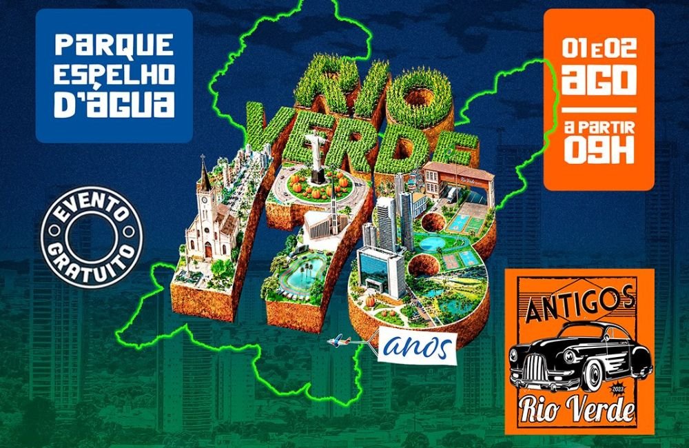 Cartaz oficial do 11º Encontro de Carros Antigos de Rio Verde, com exposição de veículos clássicos, shows ao vivo e atrações para toda a família.