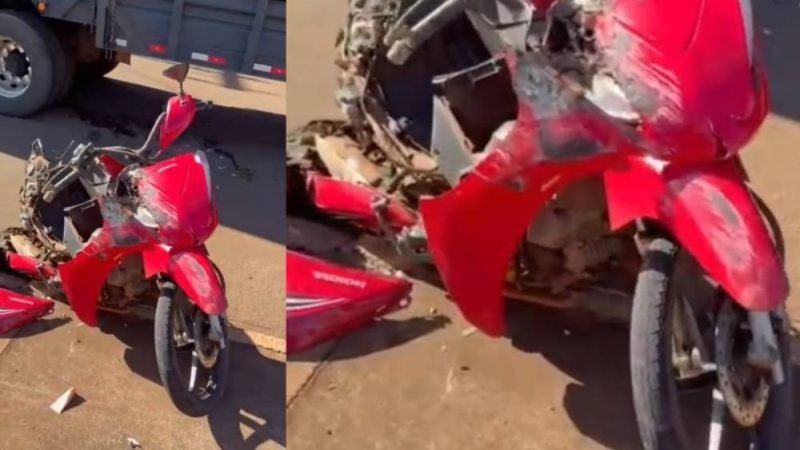 VÍDEO | Motociclista escapa ilesa após pular de moto antes de colisão com carreta carregada de gado em Jataí