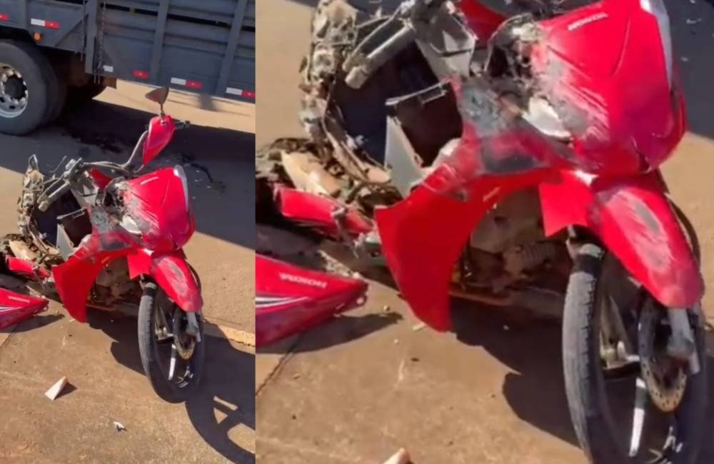 VÍDEO | Motociclista escapa ilesa após pular de moto antes de colisão com carreta carregada de gado em Jataí