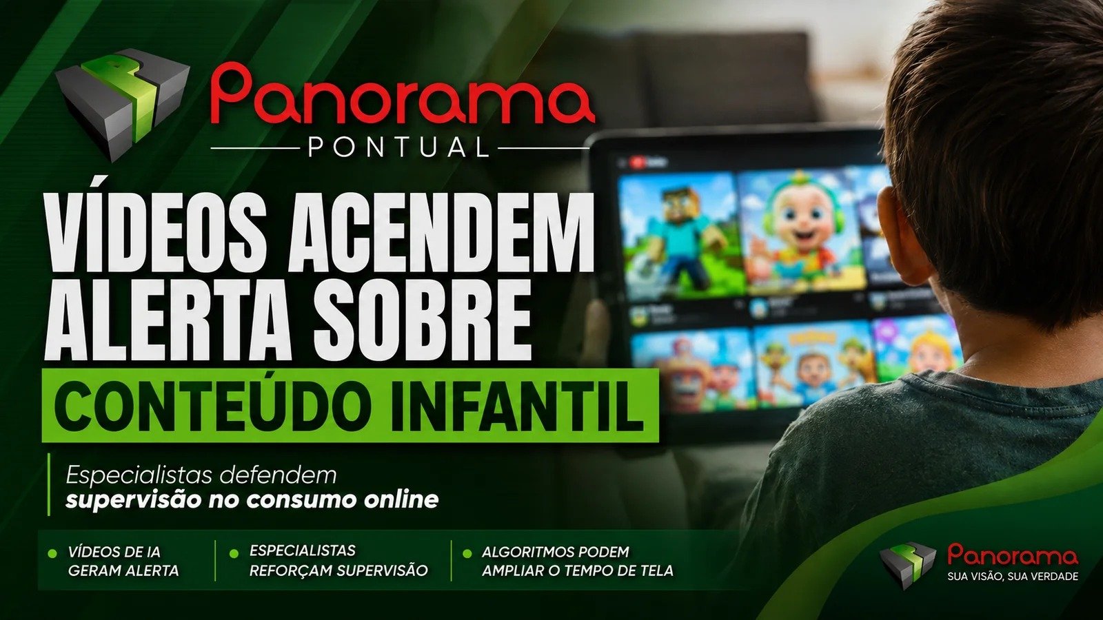 Arte do Panorama Pontual sobre o alerta de especialistas em relação ao aumento de conteúdos infantis produzidos por inteligência artificial.