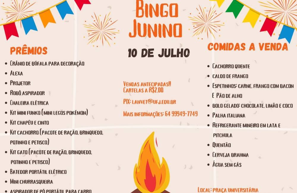 Cartaz de divulgação do Bingo Junino beneficente promovido por integrantes de um projeto do Laboratório de Anatomia Veterinária da UFJ para arrecadar recursos destinados a trabalhos científicos.