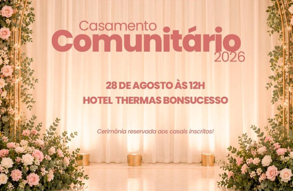 Arte oficial do Casamento Comunitário 2026 promovido pela Prefeitura de Jataí, com cerimônia marcada para 28 de agosto no Hotel Termas Bom Sucesso.