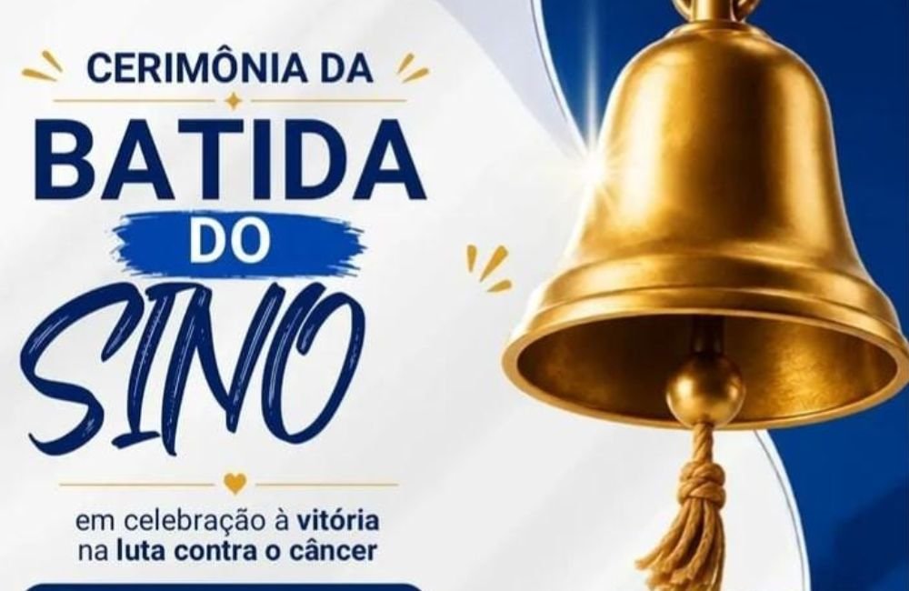 Cartaz da Cerimônia da Batida do Sino realizada no Hospital Padre Tiago em celebração à vitória de pacientes na luta contra o câncer.