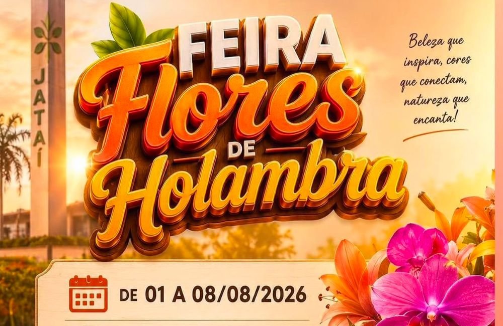 Cartaz da Feira Flores de Holambra em Jataí, realizada de 1º a 8 de agosto de 2026, no Pavilhão de Eventos da Feira Coberta.