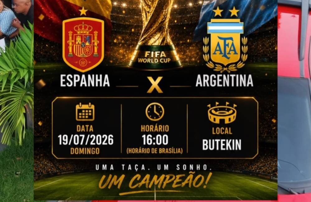 Cartaz da transmissão da final da Copa do Mundo FIFA 2026 entre Espanha e Argentina no Butekin, em Jataí, com telão e música ao vivo.