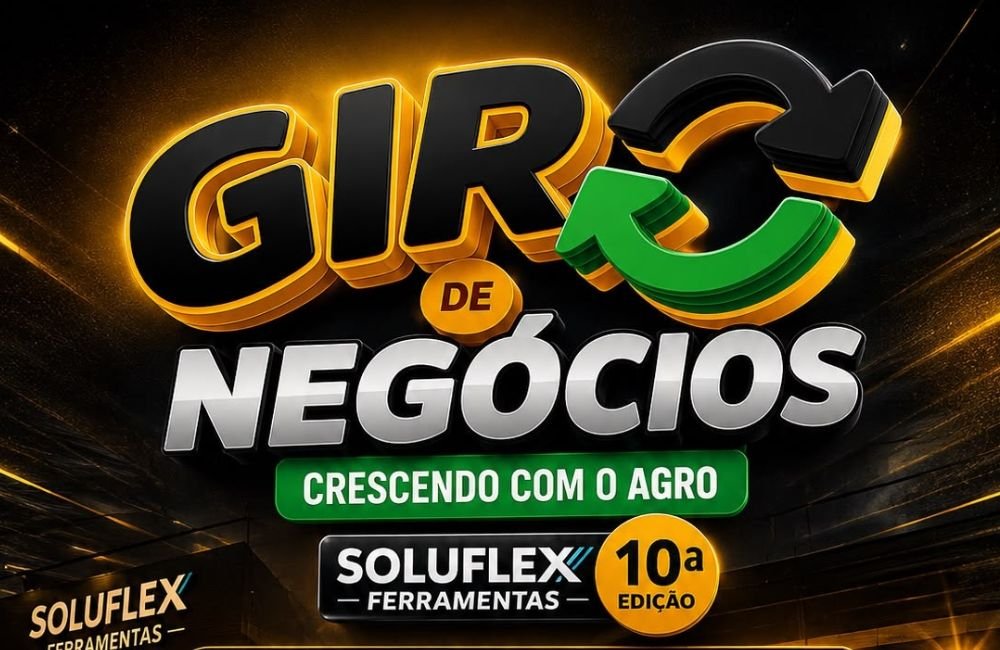 Banner do Giro de Negócios da Soluflex Ferramentas, realizado nos dias 5 e 6 de agosto de 2026, na loja matriz em Jataí, com ofertas especiais, grandes marcas e soluções para o agro.