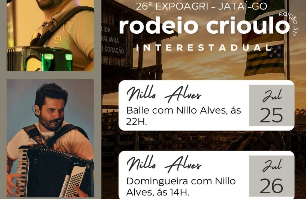 Banner divulga os shows de Nyllo Alves durante a 26ª EXPOAGRI e o 31º Rodeio Crioulo Interestadual de Jataí, com apresentações no sábado e domingo e entrada gratuita.