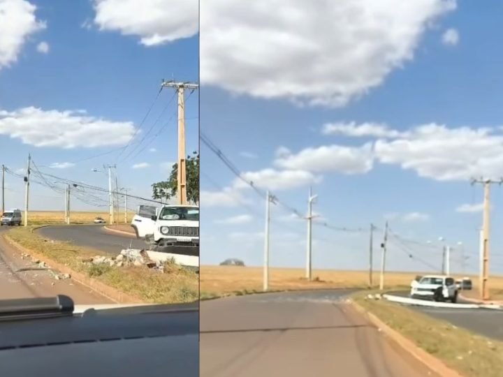 VÍDEO | Jeep bate em poste e interdita trecho da Rua 34 ao lado do Parque Brito, em Jataí