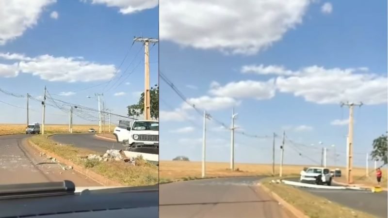 VÍDEO | Jeep bate em poste e interdita trecho da Rua 34 ao lado do Parque Brito, em Jataí