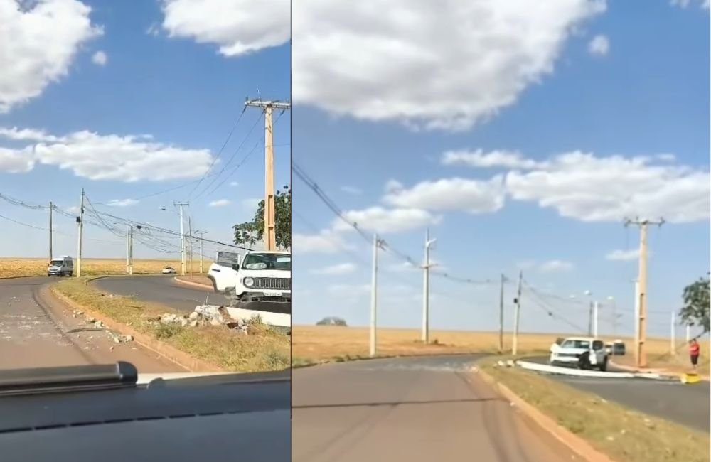 VÍDEO | Jeep bate em poste e interdita trecho da Rua 34 ao lado do Parque Brito, em Jataí