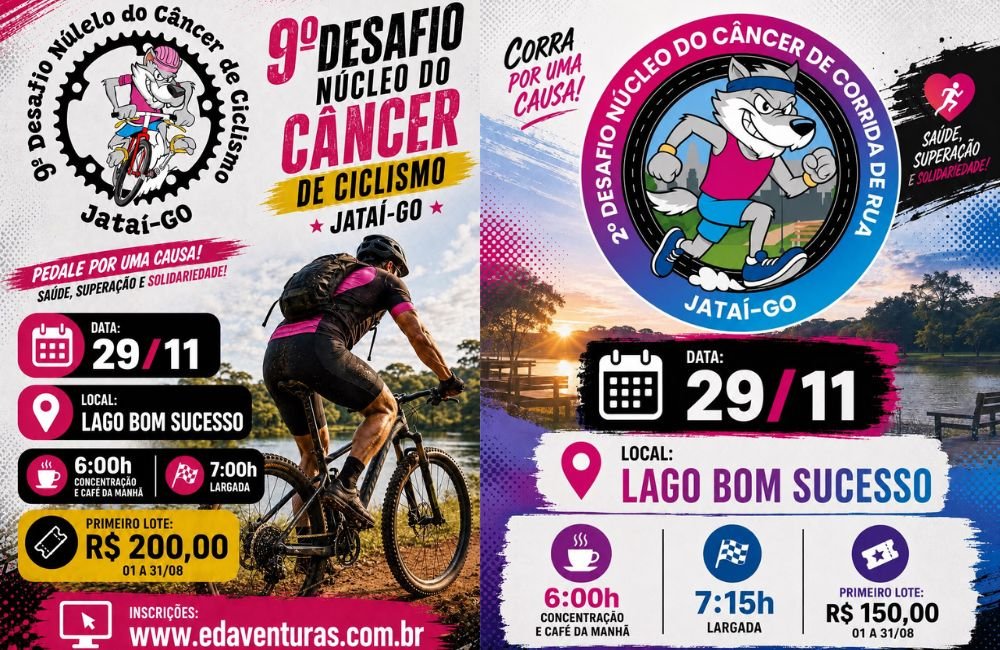 Cartaz oficial do 9º Desafio Núcleo do Câncer de Ciclismo e do 2º Desafio Núcleo do Câncer de Corrida de Rua, realizados em Jataí.