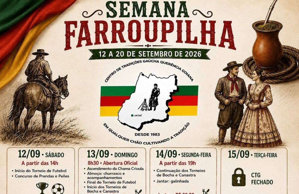 Semana Farroupilha 2026 no CTG Querência Goiana em Jataí com programação de 12 a 20 de setembro