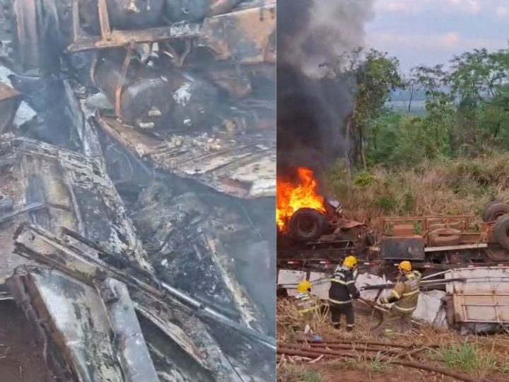 VÍDEO | Carreta pega fogo e motorista morre após acidente na BR-364, em Jataí