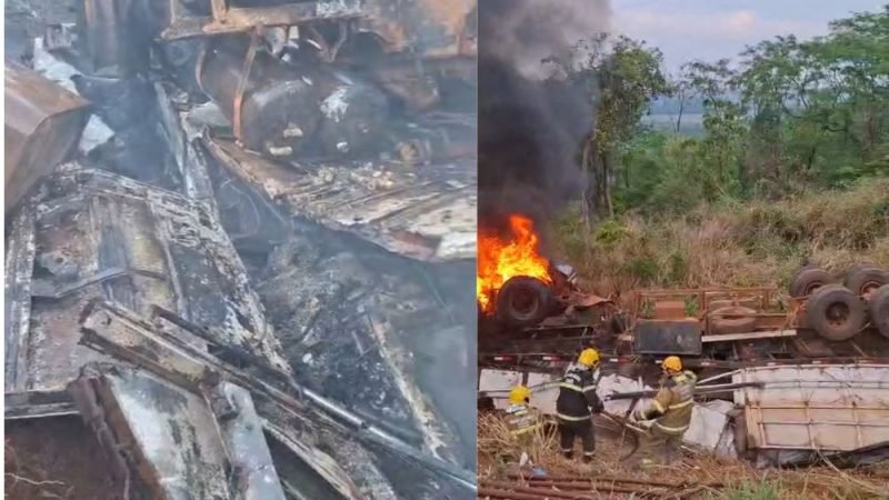 VÍDEO | Carreta pega fogo e motorista morre após acidente na BR-364, em Jataí