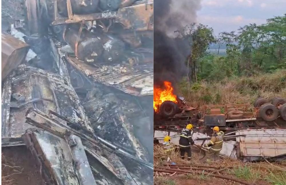 VÍDEO | Carreta pega fogo e motorista morre após acidente na BR-364, em Jataí