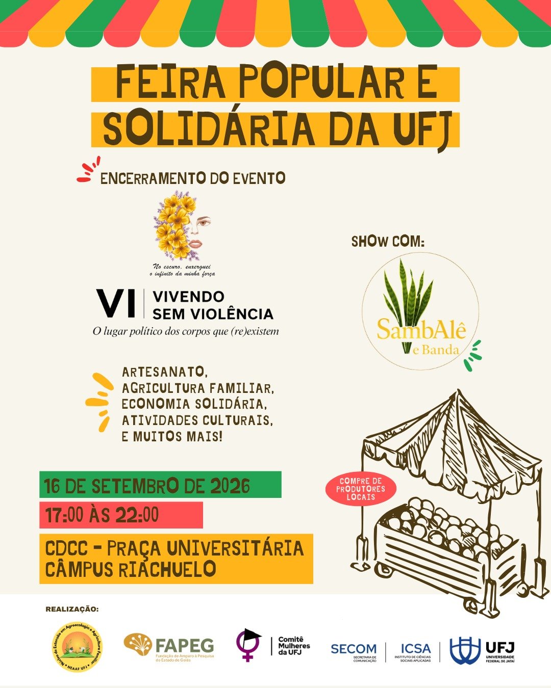 Cartaz da Feira Popular e Solidária da UFJ com programação de encerramento em 16 de setembro de 2026