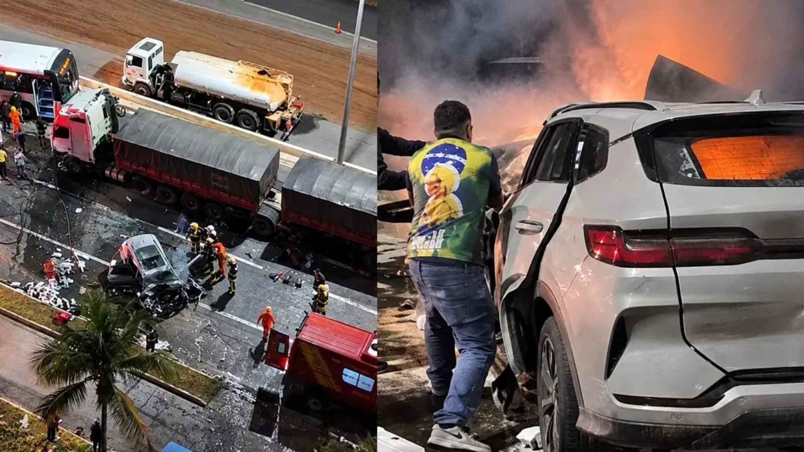 VÍDEO | Homem morre após carro pegar fogo em acidente com caminhão na GO-020, em Goiânia