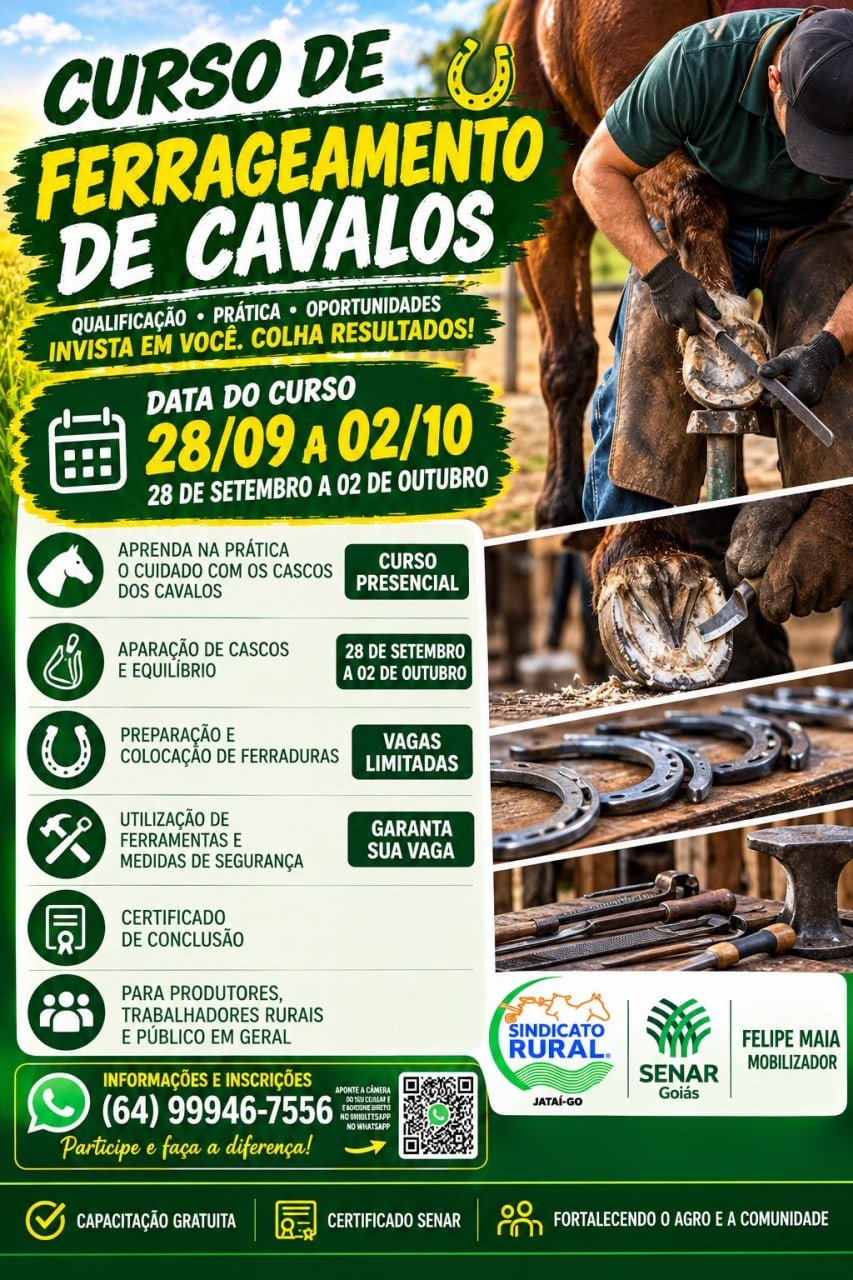 Curso gratuito de ferrageamento de cavalos será realizado em Jataí