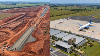 Montagem com vista aérea das obras do Aeroporto Regional de Jataí e ilustração de um aeroporto concluído, com terminal de passageiros e aeronaves.
