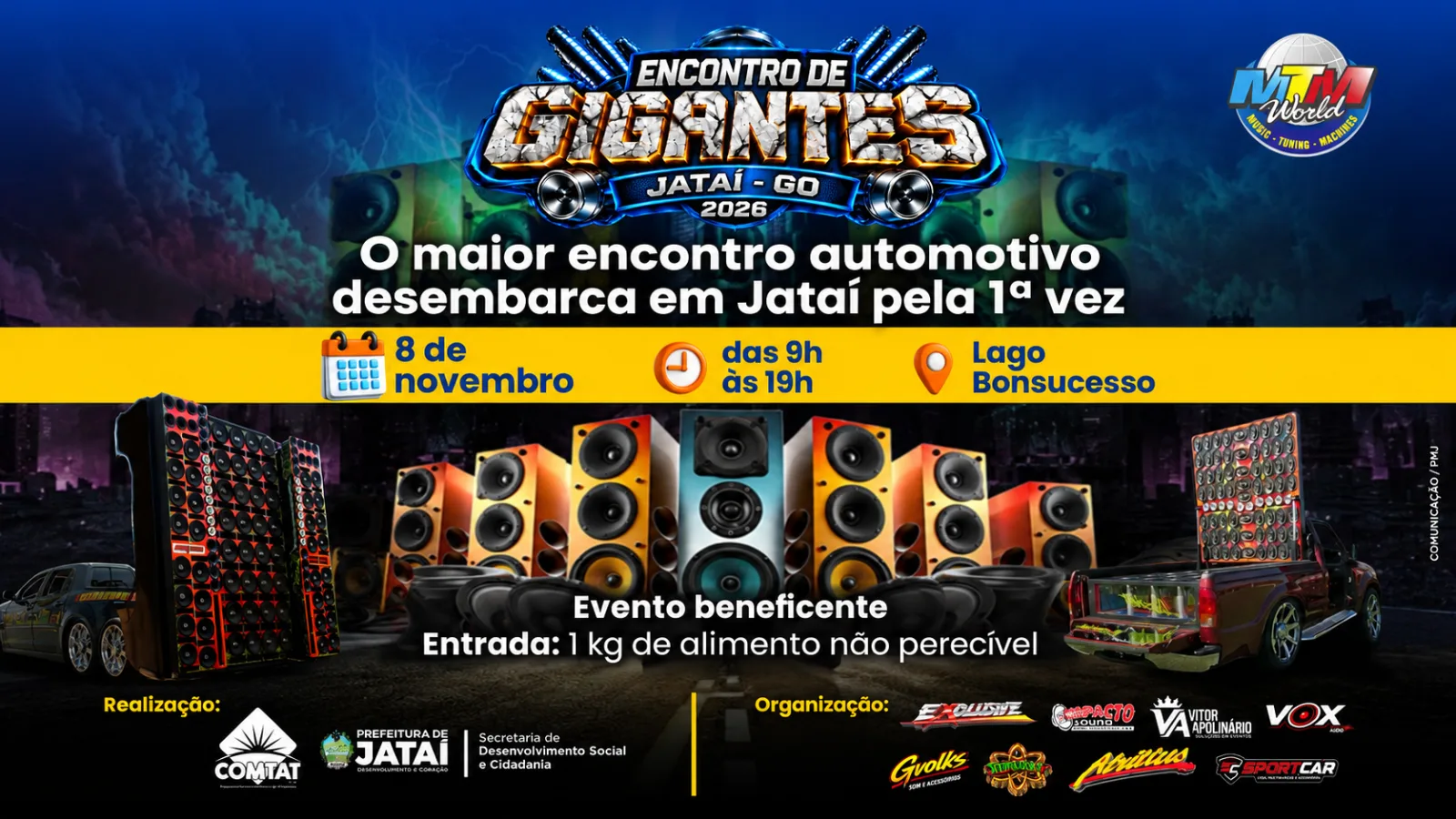 Divulgação do Encontro de Gigantes, evento de som automotivo marcado para 8 de novembro no Lago Bonsucesso, em Jataí.