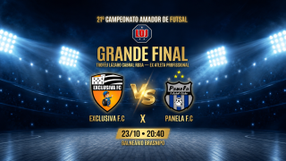 Arte de divulgação da grande final do 21º Campeonato Amador de Futsal de Jataí entre Exclusiva F.C e Panela F.C, marcada para 23 de outubro de 2026.