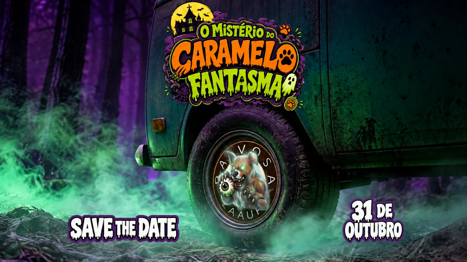 Arte de divulgação do evento O Mistério do Caramelo Fantasma, com temática misteriosa e data marcada para 31 de outubro.