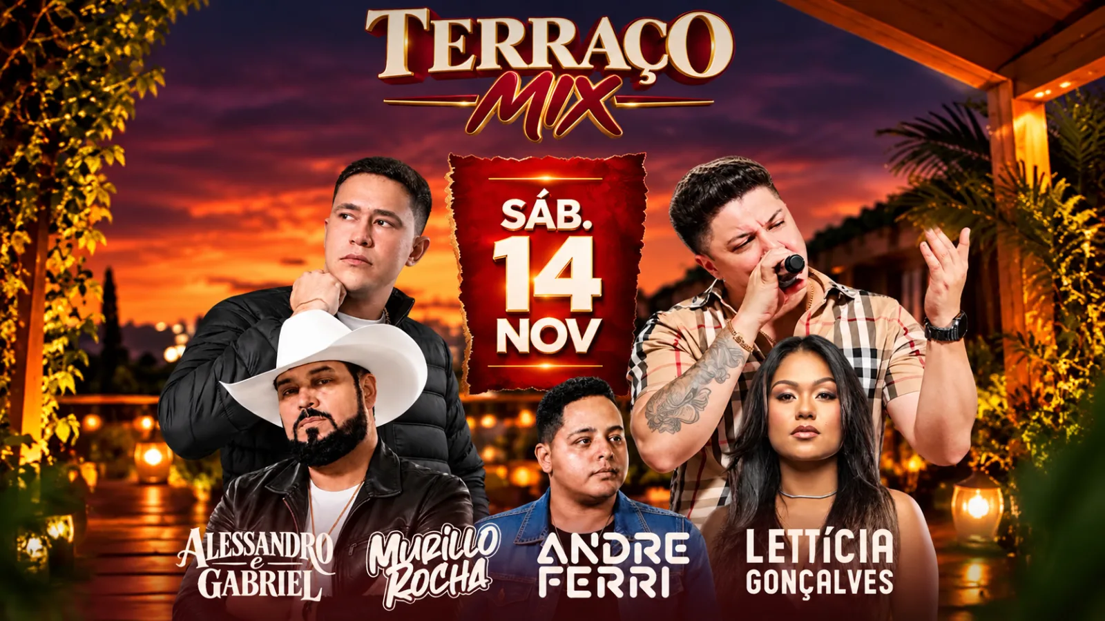 Cartaz de divulgação do Terraço Mix, marcado para 14 de novembro, com apresentações de Alessandro e Gabriel, Murillo Rocha, André Ferri e Letícia Gonçalves.