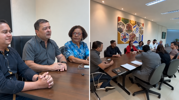 Representantes da Prefeitura de Jataí, da Câmara Municipal e do Sintego durante reunião sobre reivindicações dos servidores municipais.