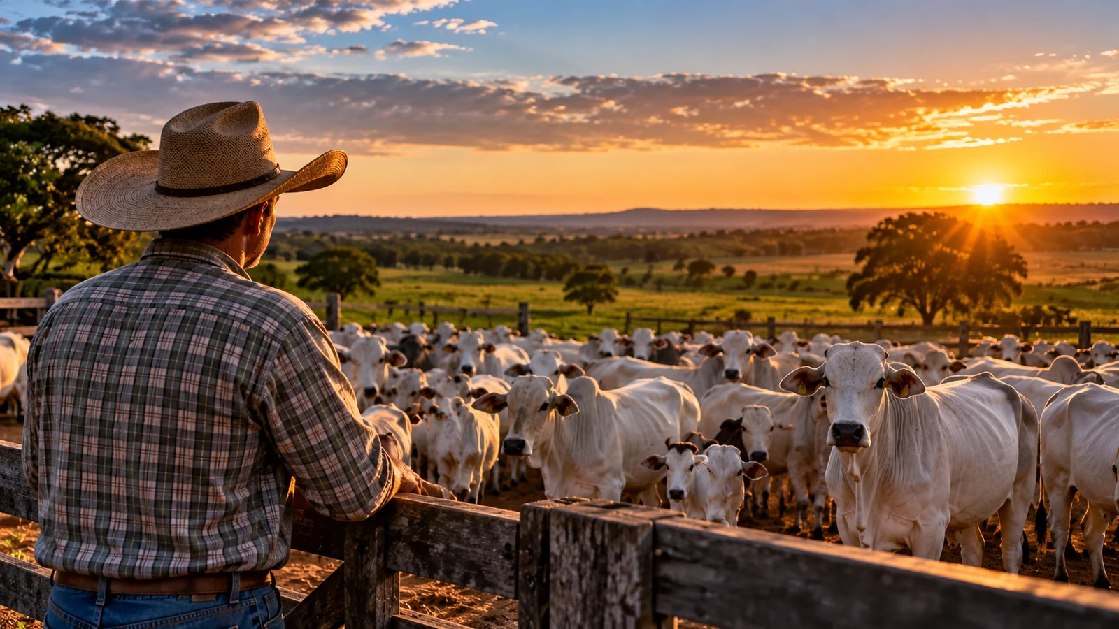 Pecuarista observa rebanho de bovinos em uma propriedade rural, em imagem ilustrativa sobre a Declaração de Rebanho 2026 em Goiás.