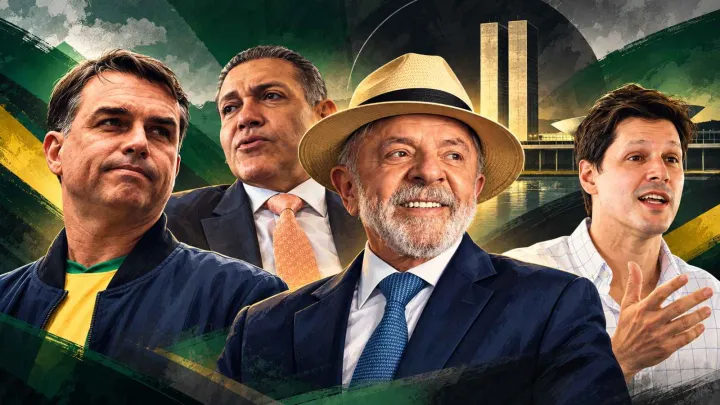 Montagem editorial com Flávio Bolsonaro, Kassio Nunes Marques, Lula e Daniel Vilela sobre o resultado do segundo turno das Eleições 2026.