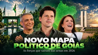 Daniel Vilela, Gustavo Gayer e Gracinha Caiado em arte sobre o novo mapa político de Goiás após as Eleições 2026