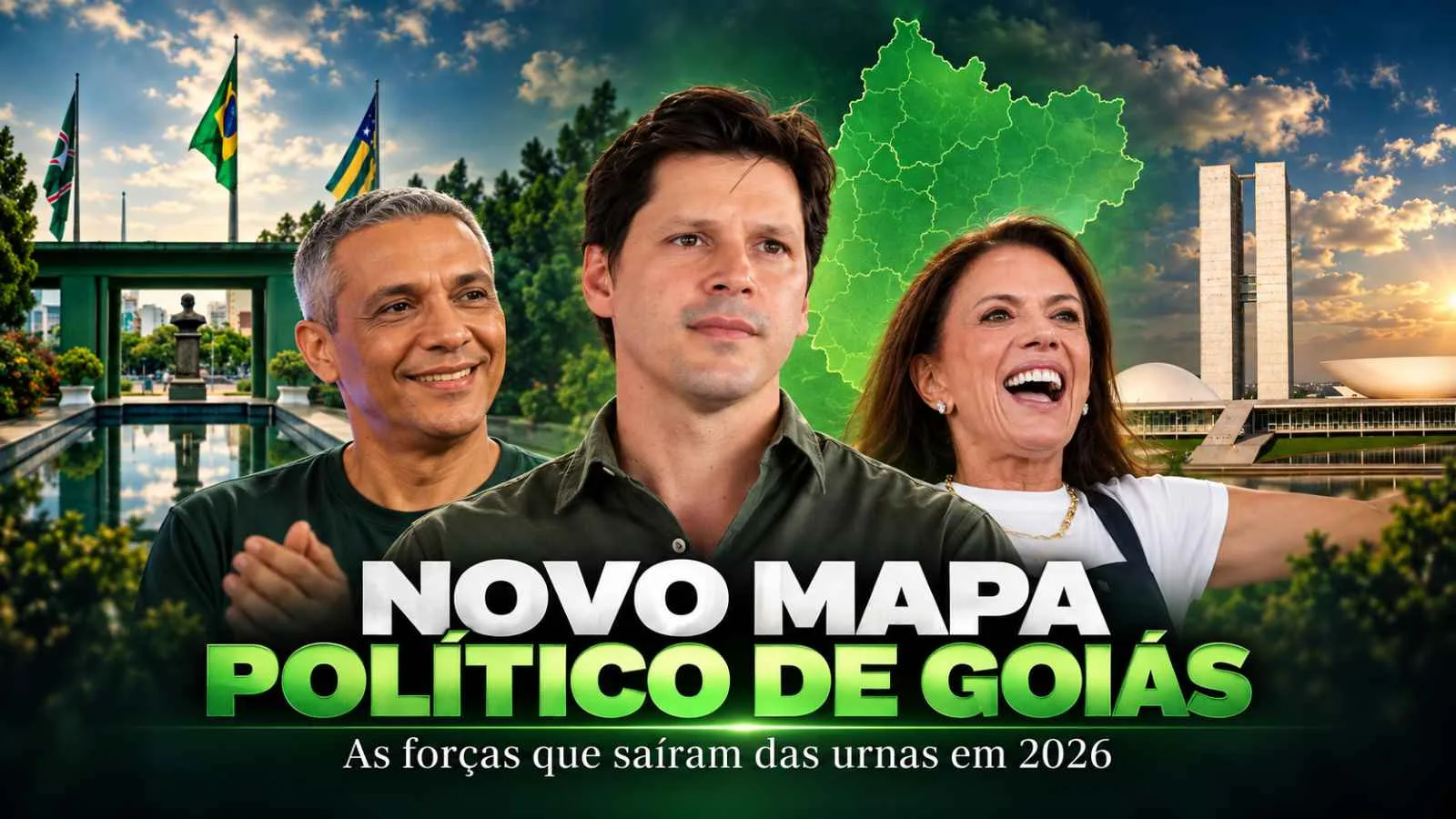 Daniel Vilela, Gustavo Gayer e Gracinha Caiado em arte sobre o novo mapa político de Goiás após as Eleições 2026